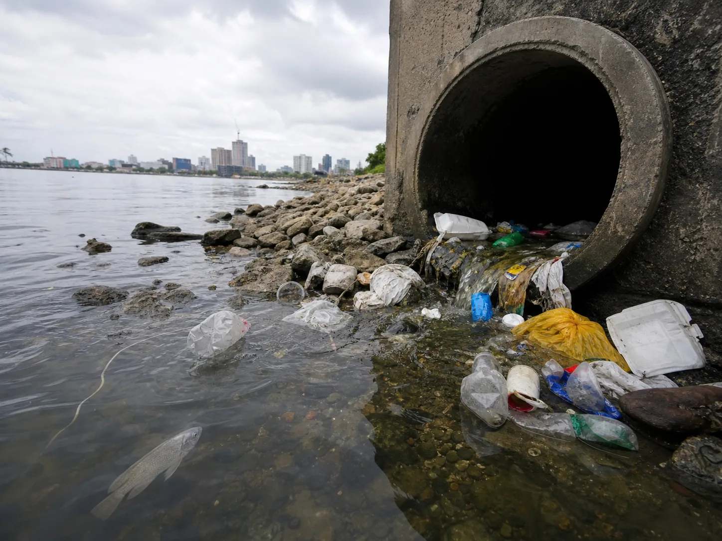 Plastic bottles, bags and food containers flowing from a stormwater outlet into a river