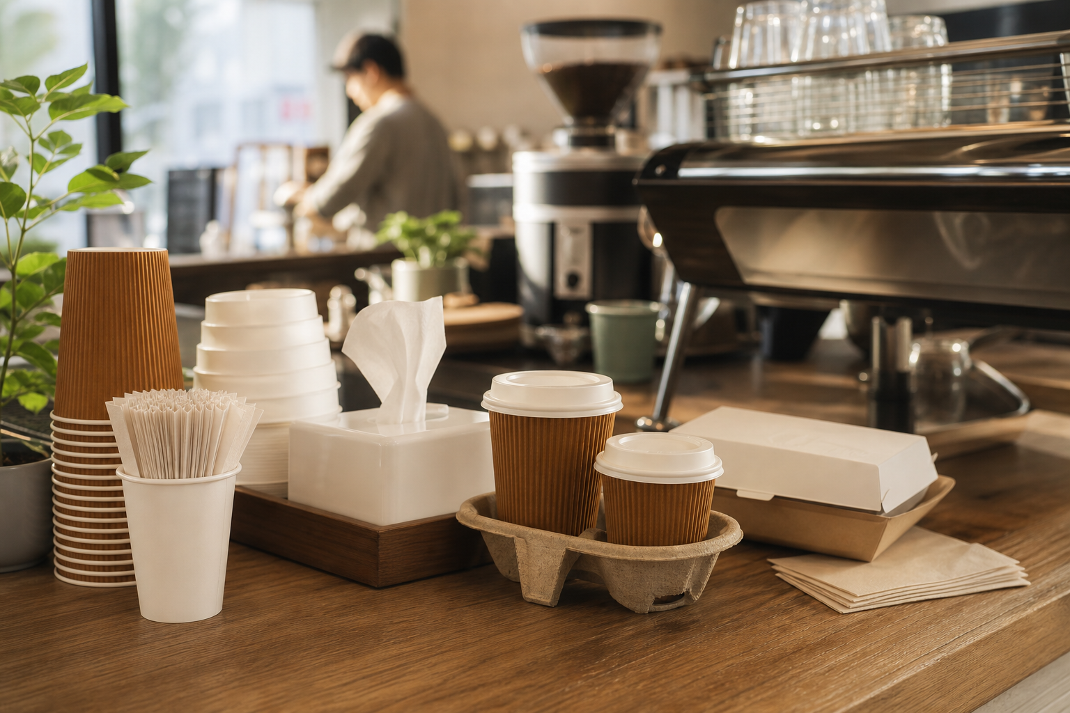 Cafe counter with ripple cups, tissues, and takeaway packaging