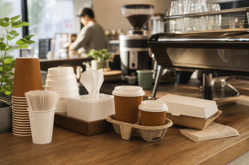 Cafe counter with ripple cups, tissues, and takeaway packaging
