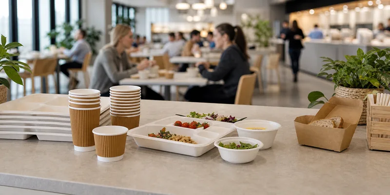 Corporate cafeteria using compostable trays, bowls, and cups