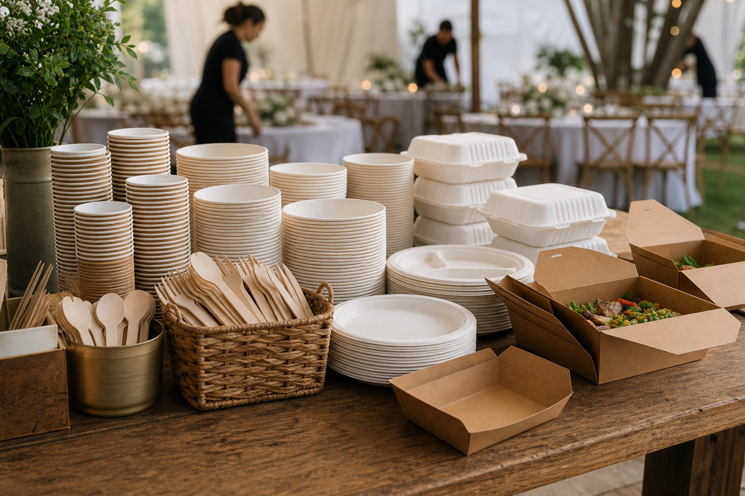 Event catering setup with compostable plates, cups, and cutlery