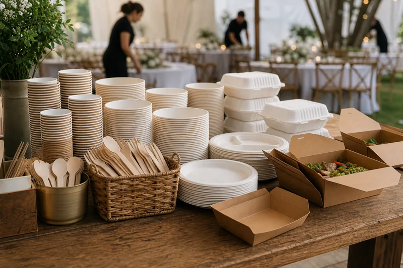 Event catering setup with compostable plates, cups, and cutlery