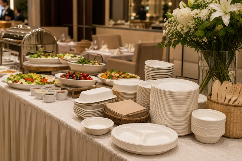 Hotel buffet with premium compostable tableware
