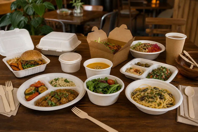 Restaurant table with compostable dine-in and takeaway tableware