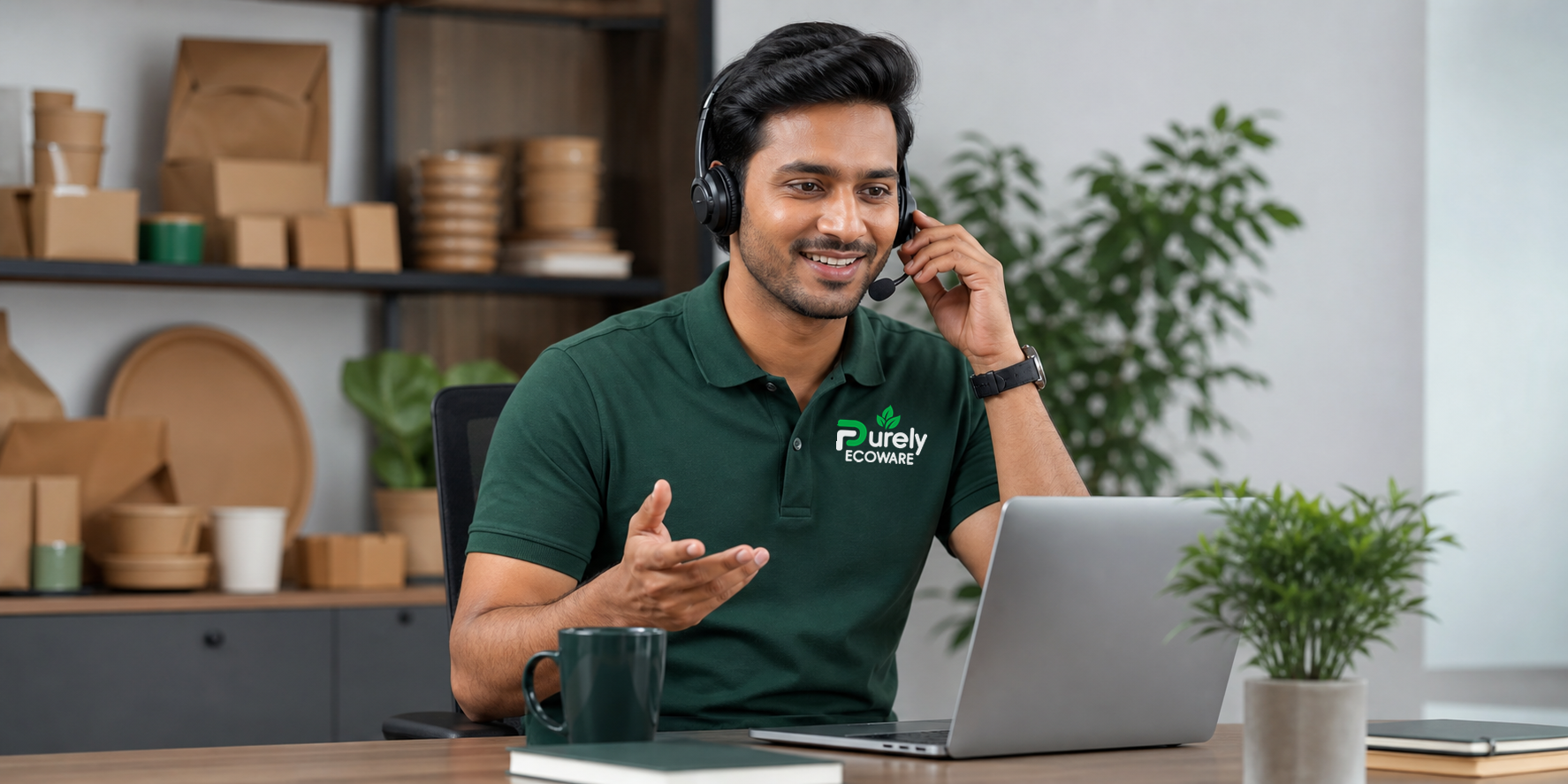 Purely Ecoware customer support representative on a headset