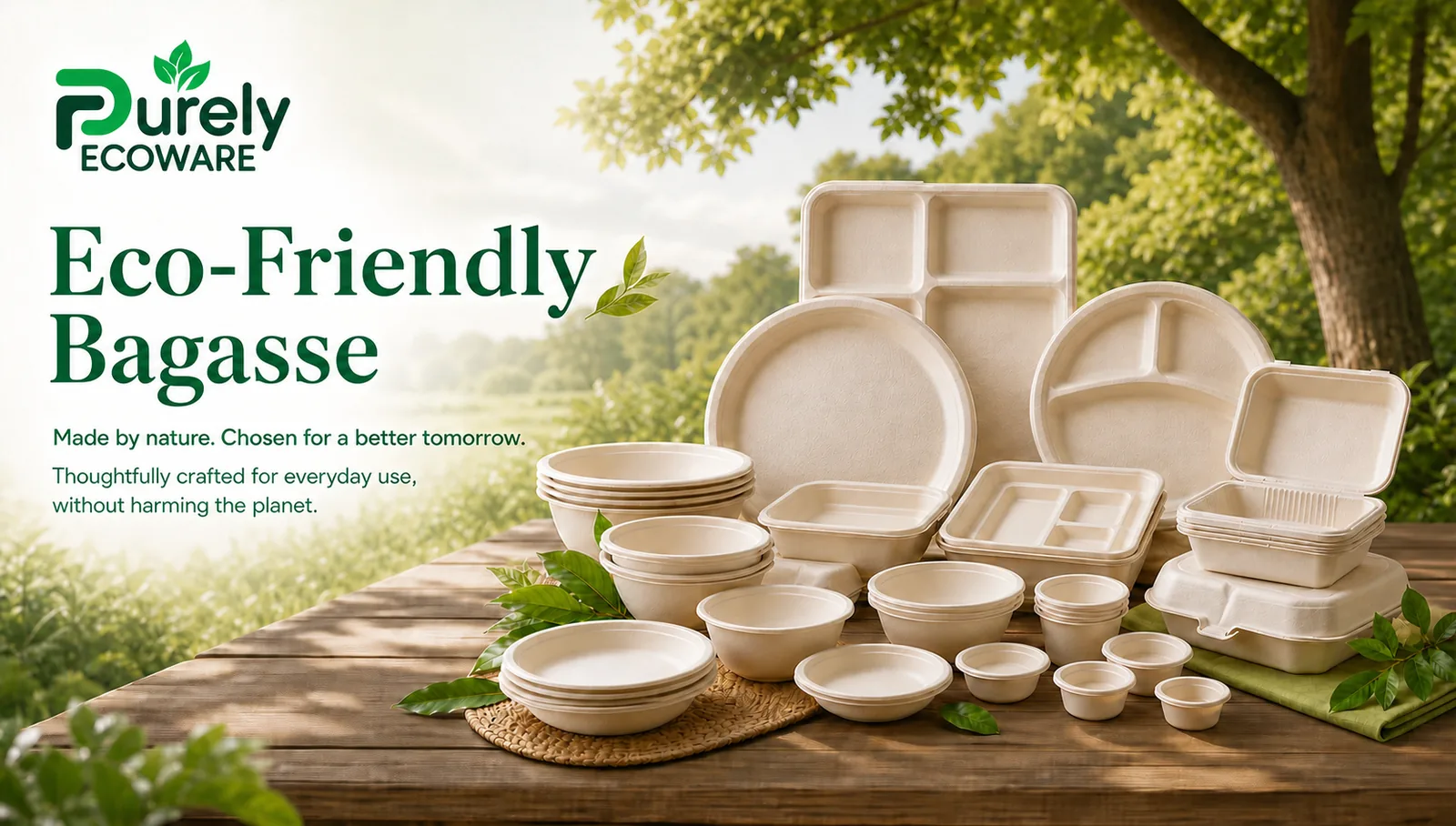 Eco-Friendly bagasse tableware arranged outdoors in nature