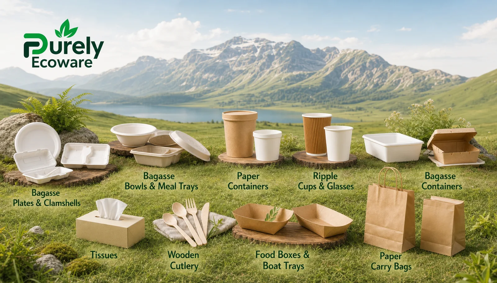 Purely Ecoware category range showing nine product categories arranged in an open mountain setting